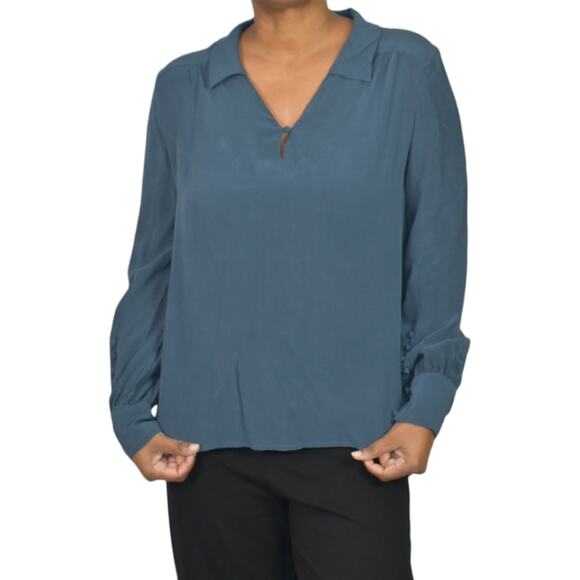 Wrap London Silk Blouse Blue Top Loose Fit Collared Tunic Shirt Muted Neutral 10 - Picture 16 of 16